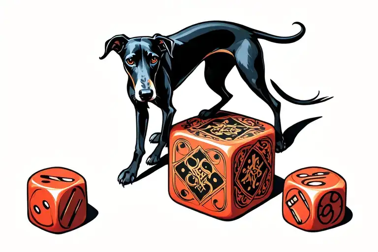 black greyhound standing on large dice with one paw on each die tattoo design idea