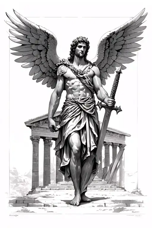 archangel michael holding a sword in front of an ancient greek building tattoo design idea