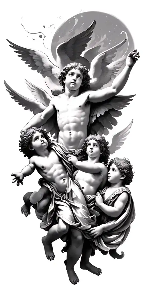 Greek gods and cherubs flying tattoo design idea