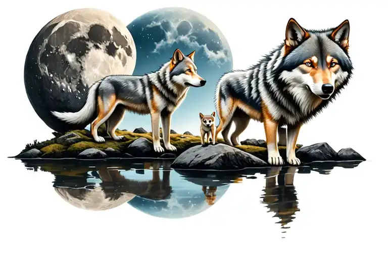 1 mother wolf and is 2 baby wolf near the lake and father wolf in a stone with the shape of the moon on back tattoo design idea