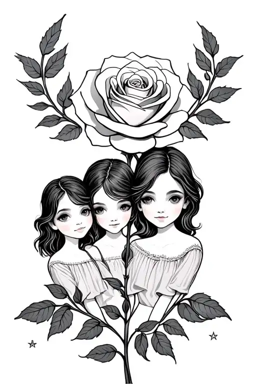 mum and 2 daughters with a rose intertwined with gemini and libra star sign tattoo design idea