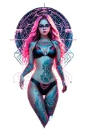 Sexy girl, petite, big boobs, wide hips, bikini . pink hair,sexual. Seductive. Full Body including arms. glasses tattoo design idea