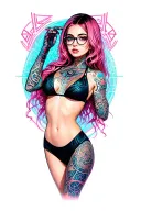Sexy girl, petite, big boobs, wide hips, bikini . pink hair,sexual. Seductive. Full Body including arms. glasses tattoo design idea