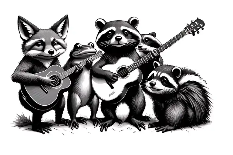 a fox, frog, raccoon, otter, and skunk playing in a bluegrass band tattoo design idea