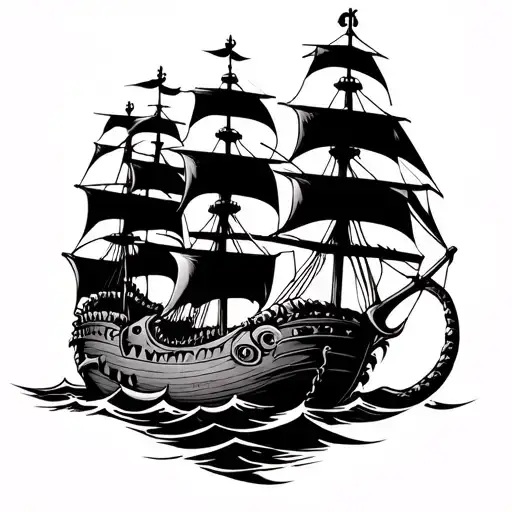 Kraken holding a pirate ship tattoo design idea