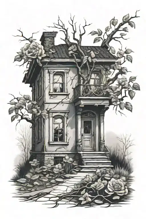 Abandoned Stalin-era house, roses, tree roots tattoo design idea