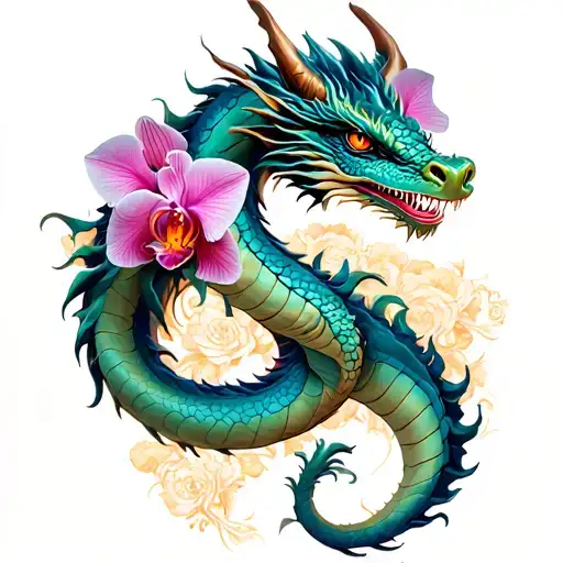 dragon  and orchids leg tattoo  tattoo design idea