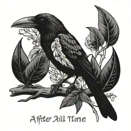 A crow on a branch with a basil plant next to it and the words "after all this time, always" below tattoo design idea