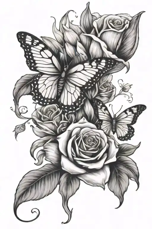 rose with butterfly and fire lily and calla lily and rose flower tattoo design idea