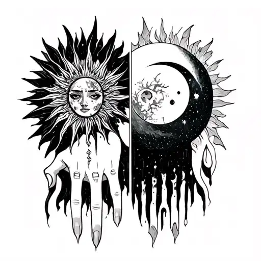 Gothic esoteric hand tattoos representing duality — darkness and light — inspired by tarot cards (The Sun and The Moon). tattoo design idea
