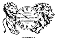 circle roman numeral clock with bible verse, ephesians 4:2, and a lion around it tattoo design idea