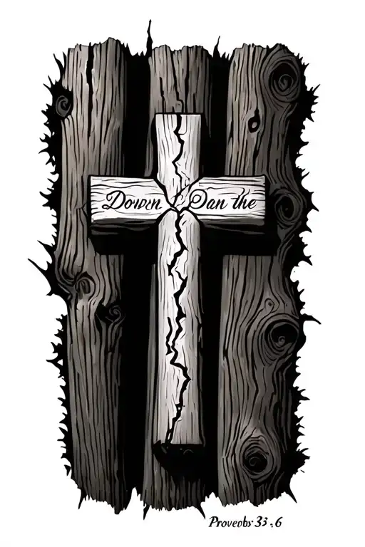 A wooden cross with visible cracks in it. Down the middle of the cross, Proverbs 3:5,6 is engraved in the wood. tattoo design idea