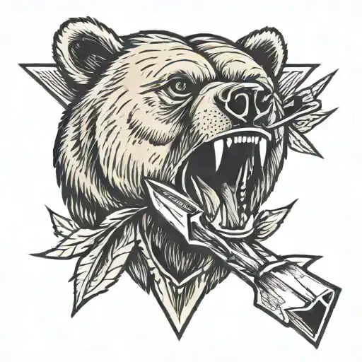 bear head biting a broken arrow tattoo design idea