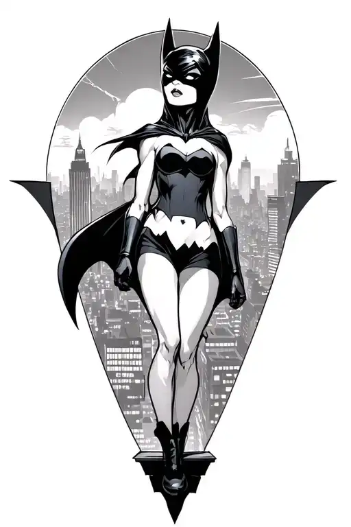 bat girl standing on ledge looking up Gotham city behind  tattoo design idea