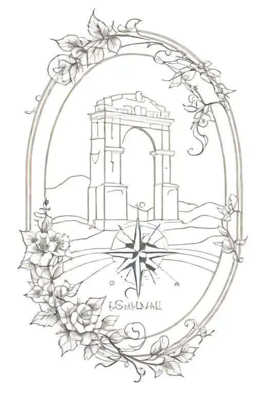 arch monument with vine and compass tattoo design idea