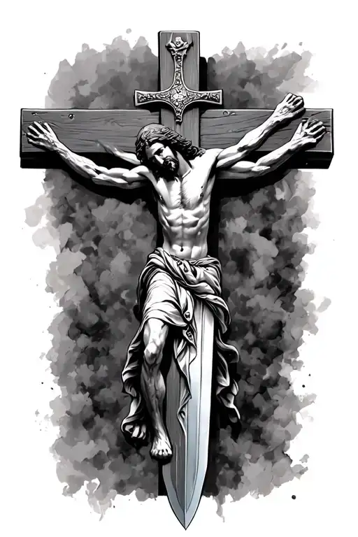 a crusader sword that transforms jnto jesus on the cross tattoo design idea