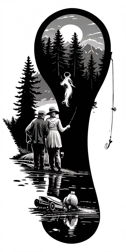 train, woods, pond, fishing, barn, grandpa and granddaughter tattoo design idea