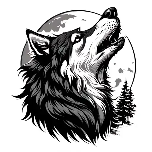 forest wolf howling at the moon tattoo design idea
