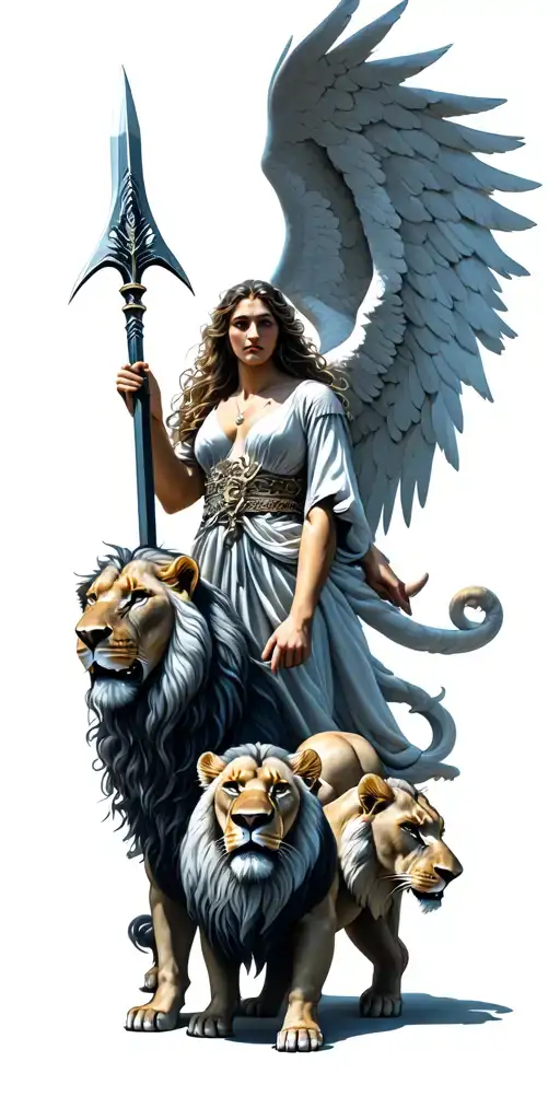 Angel Gabrie with a spear defeating evil and protecting a family of three lions tattoo design idea