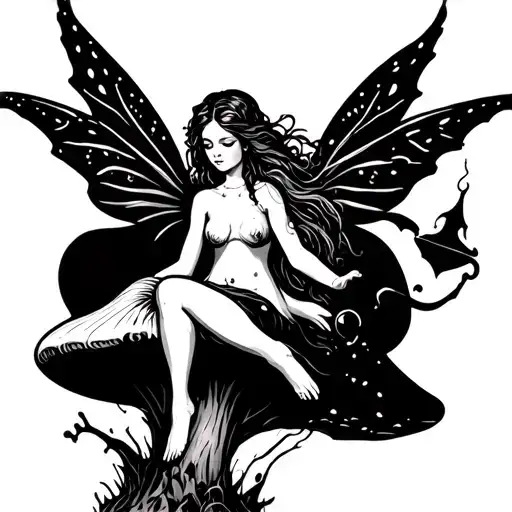 A hauntingly beautiful mushroom fairy casting a spell tattoo design idea