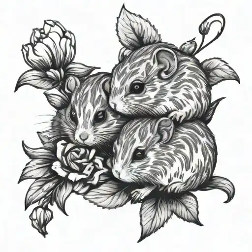 two sleeping dwarf hamsters with flowers growing tattoo design idea