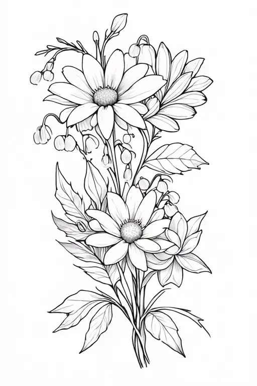 lily of the valley, daisy, holly flower, and water lily flower bouquet tattoo design idea