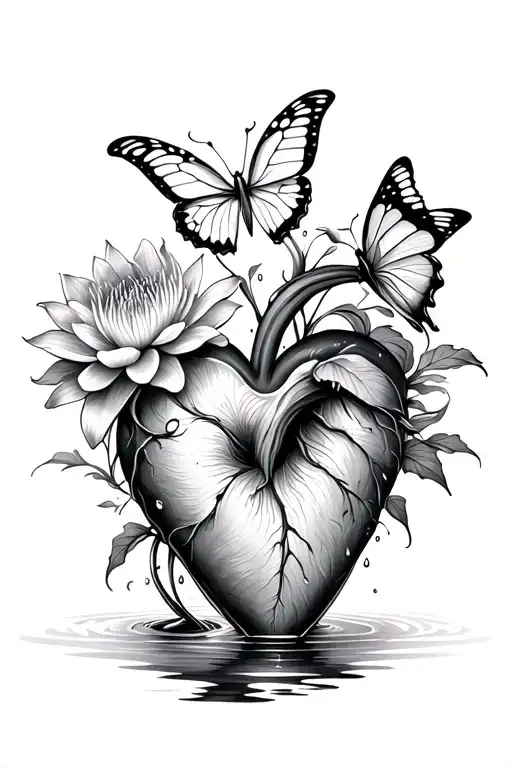 open heart, water lily, butterfly, hibiscus tattoo design idea