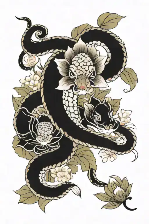 chinese snake and lotus flower blooming tattoo design idea