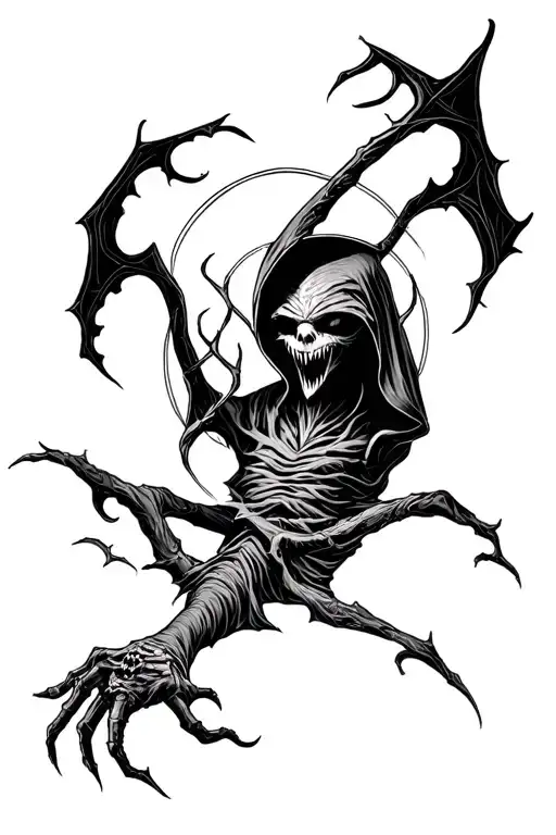 Create a tattoo of a full bodihooded sleep paralysis demon in a neo traditional gothic syle. Design should fit a forearm tattoo design idea
