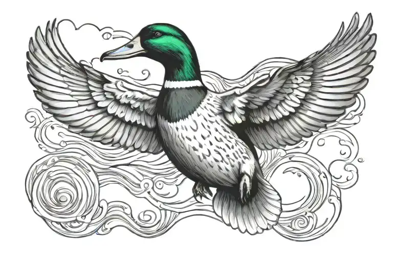 mallard duck flying towards tattoo design idea