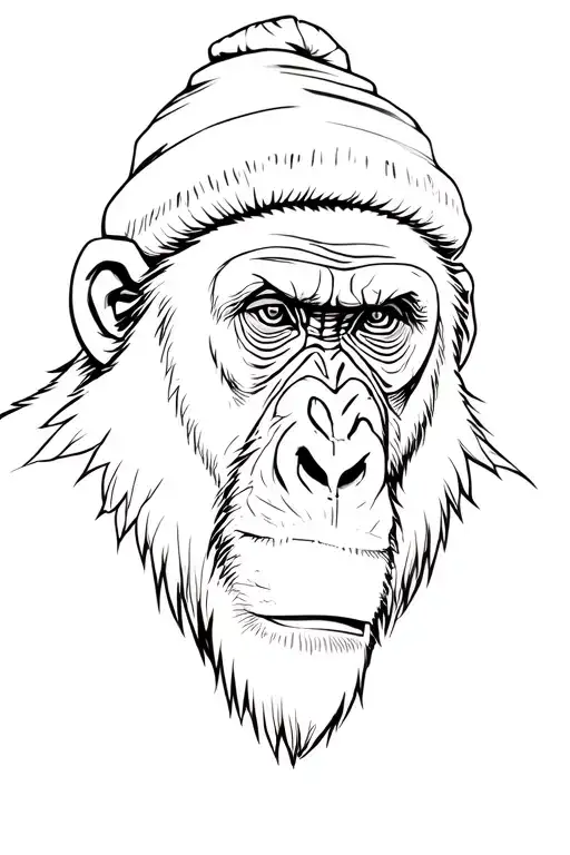serious-looking chimpanzee with beanie. eyes are narrowed, and its expression appears tough or unimpressed tattoo design idea