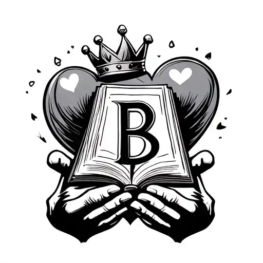 letter b with heart and king crown holding book in hands tattoo design idea