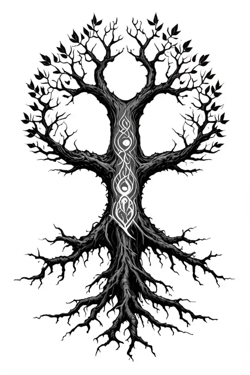 yggdrasil with three great roots, one root leads to asgard midgard and valhalla. one to hel and one to joutunheim. leafs tattoo design idea