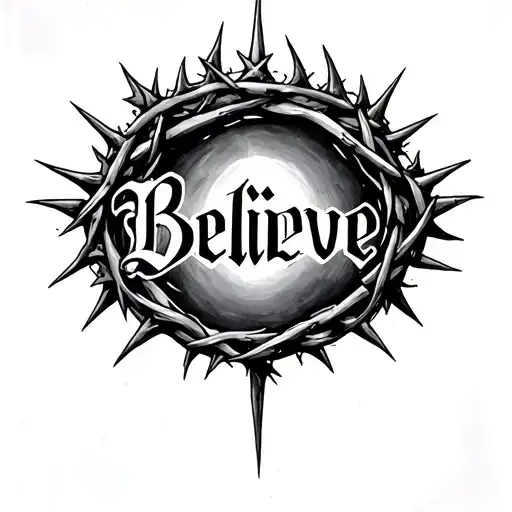 design a tattoo concept for your arm going down vertically— keeping the Gothic “Believe” text and crown of thorns theme tattoo design idea