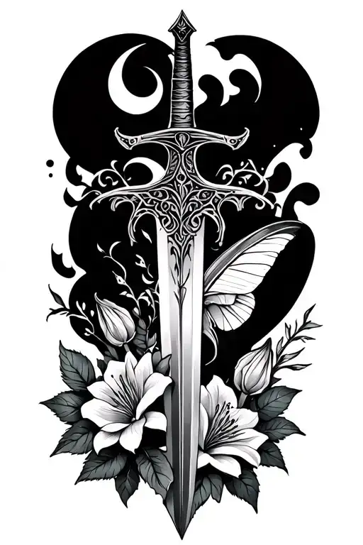sword with roses, flame lily flowers, a feather, and Luna moth tattoo design idea