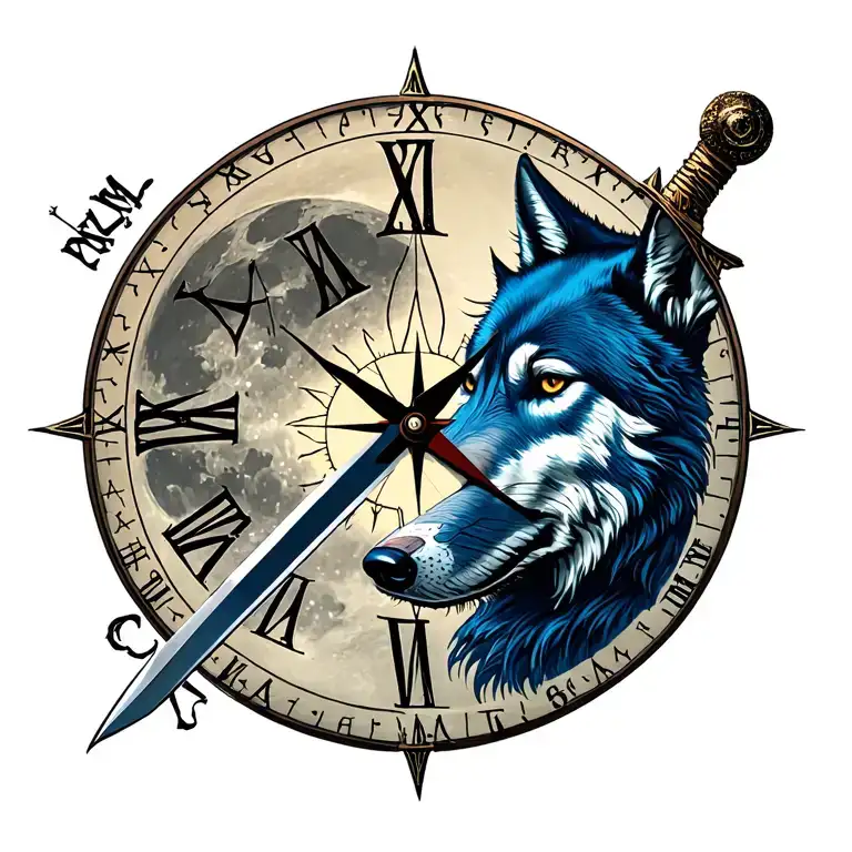 steep wolf moon sword clock compass rose tattoo design idea