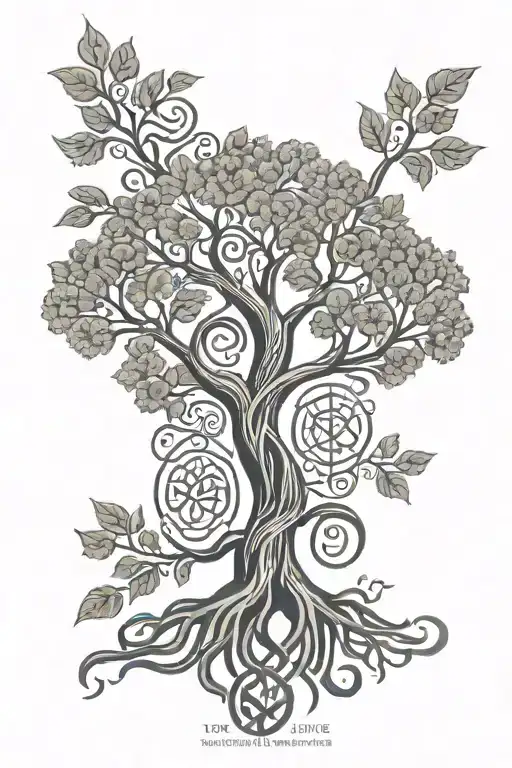 A tree of life design with Celtic knot branches, incorporating finger prints as leaves and the word 'family' in Gaelic script, representing the client's love for family and Celtic heritage tattoo design idea