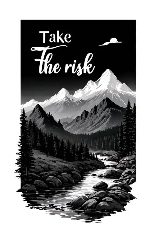"Take the risk" nature scene with mountains and a river.  tattoo design idea
