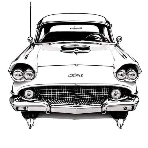 a black and white outline of a classic 1958 ford thunderbird, inspired by elviras custom macabre mobile.  tattoo design idea