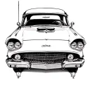 a black and white outline of a classic 1958 ford thunderbird, inspired by elviras custom macabre mobile.  tattoo design idea