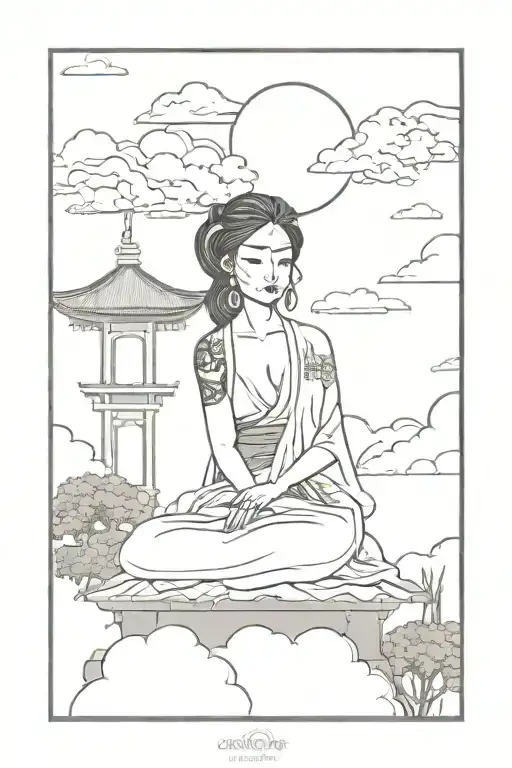 Catrina sitting in a Japanese temple with clouds tattoo design idea