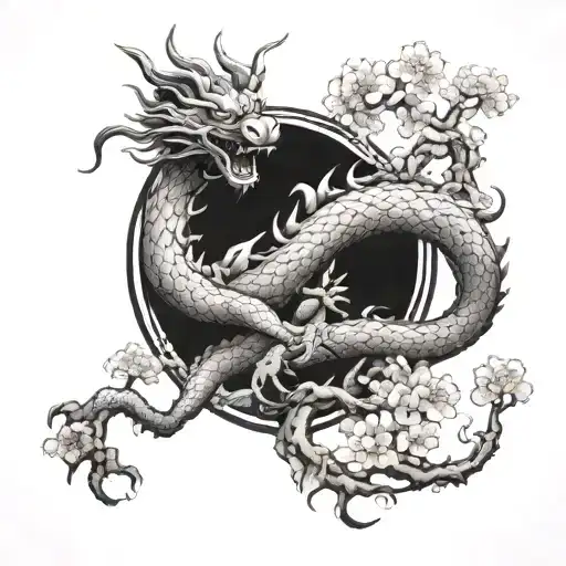 Japanese dragon sakura tree tattoo design idea