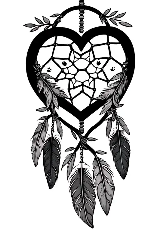 A feathery dream catcher, heart made of olive branches, cat paw print tattoo design idea