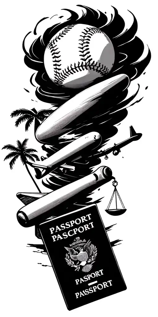 tornado sucking up scales of justice, baseball bat, baseball, passport, airplane, and palm tree. tattoo design idea