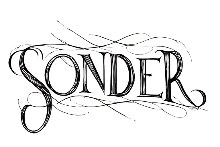 The word SONDER eneveloped in calligraphy wisps and lines tattoo design idea