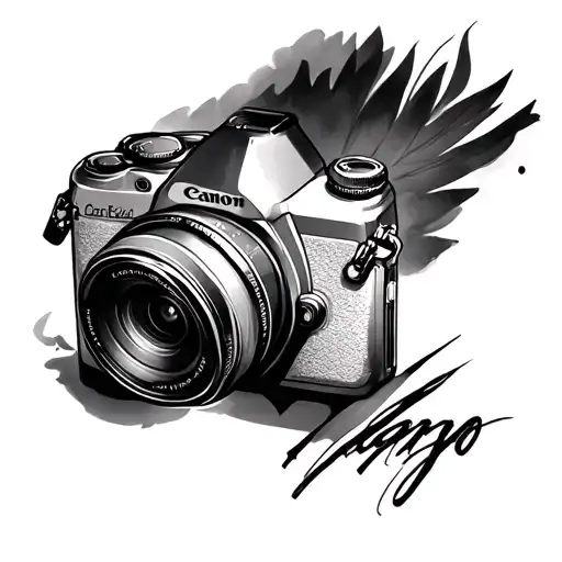 fine line canon mirrorless camera with l-series 50mm lens tattoo design idea