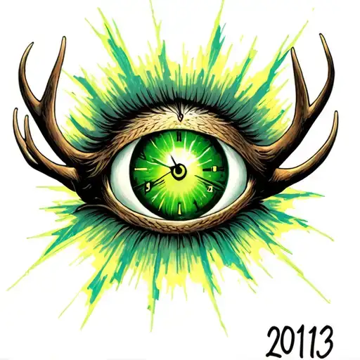 salvador dali vibe with clock 10:53pm and a green eye ball with lightening and 2013 date and elk head tattoo tattoo design idea