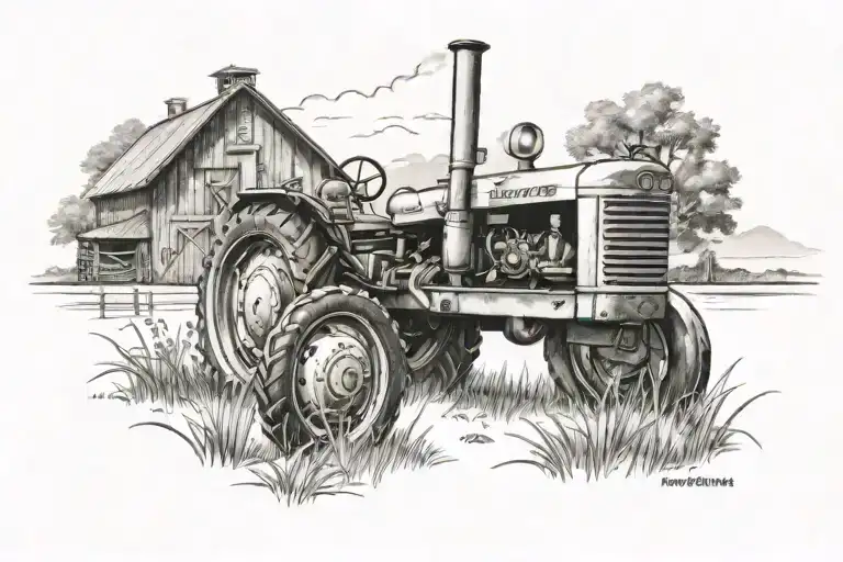 oliver tractor with a barn and feild tattoo design idea