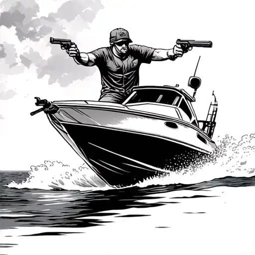 a guy shooting guns off a speed boat tattoo design idea