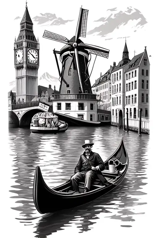 man in a gondola in Venice with a German beer stein,swiss alps background, big ben clock tower,Netherland windmill tattoo design idea